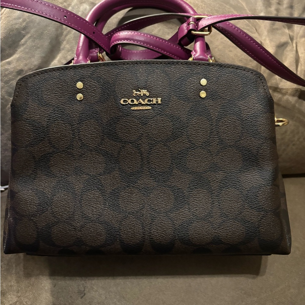 Coach Brown Signature Canvas Satchel with Purple Handles
